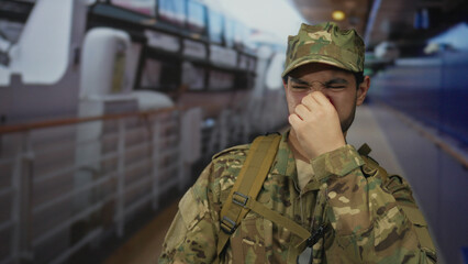 Man wearing camouflage uniform and backpack pinches nose with thumb and forefinger on boat deck...