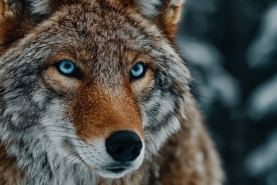A close-up portrait of a wolf with striking blue eyes, set against a snowy forest backdrop.