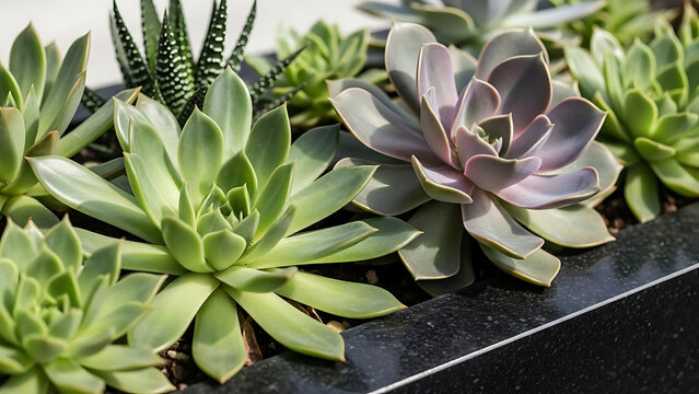 Close-up of a row of healthy succulent plants with thick green and purple leaves arranged in a planter