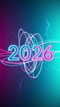 Vision of Future Year 2026: An abstract design showcases the year 2026 in vibrant neon, symbolizing forward-thinking innovation, technological advancement.