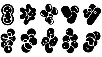 Fototapeta premium Collection of black glyph icons representing bacteria, microbes, and cells in various shapes and clusters for scientific or medical concepts
