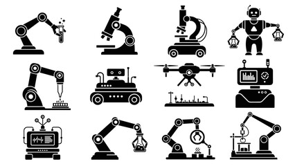 Collection of black silhouette icons representing robotics, automation, and scientific research with robotic arms, drones, microscopes, and laboratory equipment in a flat glyph style