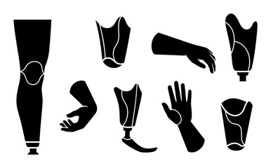 Obraz premium Set of black prosthetic limb vector icons showing artificial arms, hands, and legs representing disability, amputation, and modern bionic technology