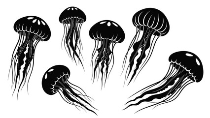 Collection of six black jellyfish silhouettes with long, flowing tentacles are shown swimming in a minimalist graphic style, creating an elegant and artistic marine life set