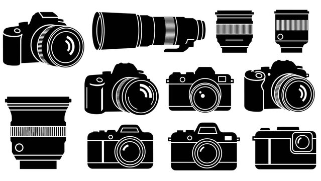 Collection of black camera and lens silhouettes in a minimalist vector style, featuring various types of photography equipment like DSLR, mirrorless, and vintage cameras with different lenses