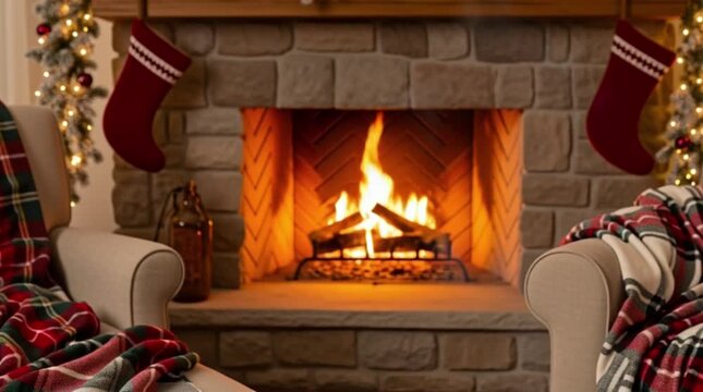 Cozy Hearthside Glow: A warm, inviting fireplace ablaze with crackling flames, adorned with festive decorations, promises comfort and cheer during the holiday season.