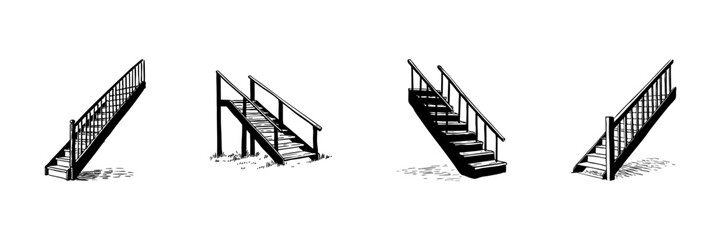 Staircase Designs Doodle Sketch Set. Architectural Elements And Construction Concepts In Hand Drawn Style Collection. Variety Of Stair Types And Structures. Isolated Vector Illustration
