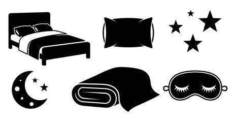Set of black silhouette icons for sleep and bedtime, including a bed, pillow, rolled blanket, crescent moon, stars, and a cute sleeping mask with eyelashes