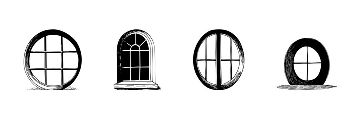 Fototapeta premium Round And Arched Window Doodle Sketch Set. Architectural Design Elements And Vintage Window Styles In Hand Drawn Style Collection. Home Decor And Building Aesthetics. Isolated Vector Illustration