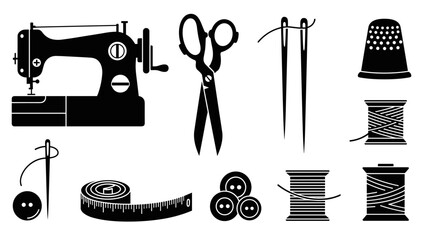 Set of black sewing and tailoring icons including a sewing machine, scissors, needles, thimble, thread spools, buttons, and a measuring tape for craft and needlework projects