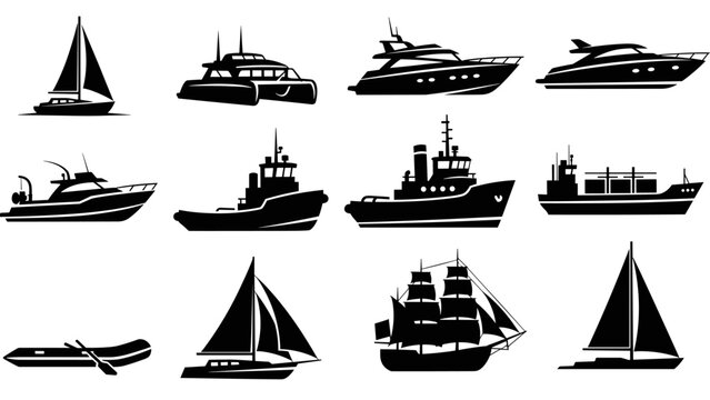 Collection of black boat and ship silhouettes featuring various watercraft like yachts, sailboats, tugboats, and a historic tall ship in a clean, graphic icon set for maritime themes