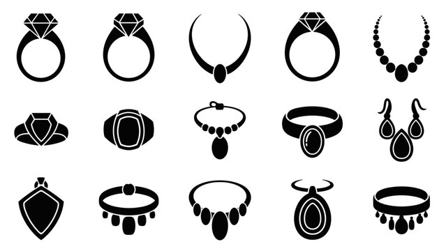 Large set of black jewelry icons showing rings, pendants, necklaces, and earrings in a clean, modern, and minimalist silhouette graphic illustration
