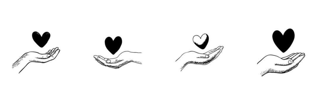 Hand Holding Heart Doodle Sketch Set. Symbol Of Love, Care, And Compassion In Hand Drawn Style Collection. Charity And Support Representation. Isolated Vector Illustration