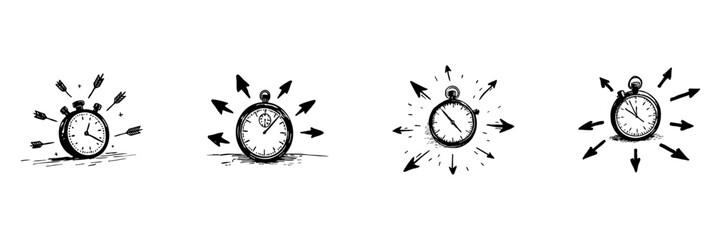 Stopwatch With Arrows Doodle Sketch Set. Time Management, Efficiency, And Productivity Enhancement In Hand Drawn Style Collection. Conceptual Illustration Of Time Optimization