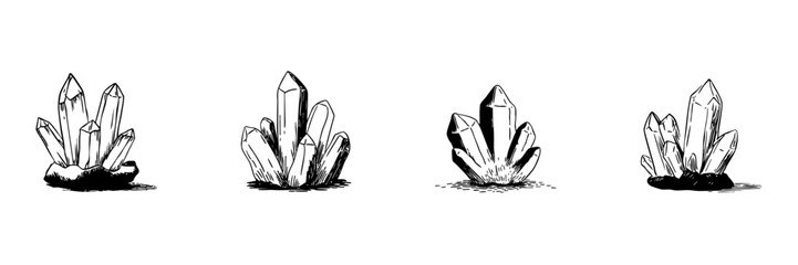 Crystal Cluster Doodle Sketch Set. Mineral Formation And Geology Exploration In Hand Drawn Style Collection. Natural Gemstone Illustration. Isolated Vector Illustration