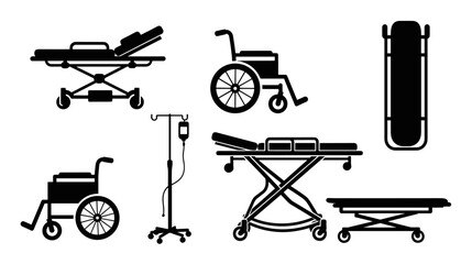 Collection of black silhouette medical equipment icons including a gurney, wheelchair, stretcher, and IV stand for hospital and emergency care concepts in a clean vector style