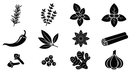 Collection of black herb and spice icons including rosemary, basil, chili, and ginger, presented as a minimalist glyph set of culinary seasonings in a simple graphic silhouette style