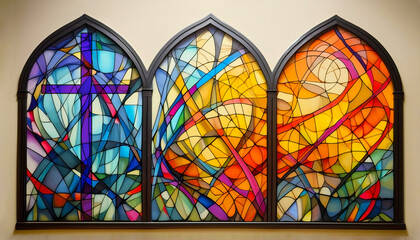 colorful stained glass in three arches with cross