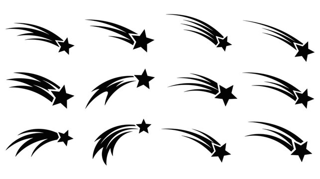 Collection of twelve black shooting star icons with dynamic swoosh tails, representing falling comets or meteoroids in a simple, graphic, and minimalist vector style