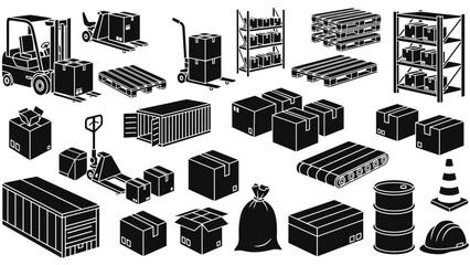 Warehouse logistics and shipping equipment icon set with forklift, pallet, boxes, container, and conveyor belt in a black silhouette isometric vector illustration style