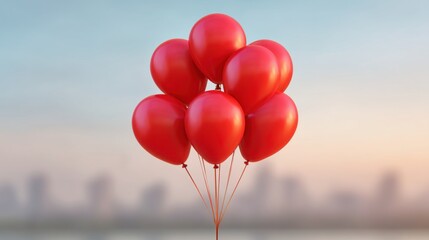 Vibrant Red Balloons Floating Against a Soft Colorful Sky at Dusk with Urban Silhouette in the Background for Celebratory Themes and Events