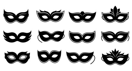 Collection of black carnival mask icons featuring twelve different festive and mysterious designs for a masquerade ball, party, or theatrical performance, shown as a graphic vector set
