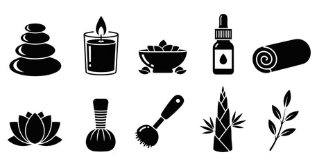 Collection of black silhouette spa icons for wellness and relaxation, including zen stones, a candle, essential oil, a towel, lotus, herbal compress ball, and bamboo