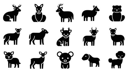 Obraz premium Collection of black solid animal icons featuring various wildlife like deer, stags, bears, and sheep, presented as a minimalist pictogram set with a clean graphic design