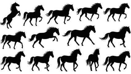 Set of black horse silhouette vector icons showing various dynamic poses including running, trotting, cantering, and rearing for equestrian or animal themes