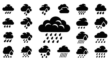 Collection of black rain cloud icons with various raindrop styles for weather forecasting, featuring minimalist silhouette designs for meteorological symbols and climate graphics © eclipse