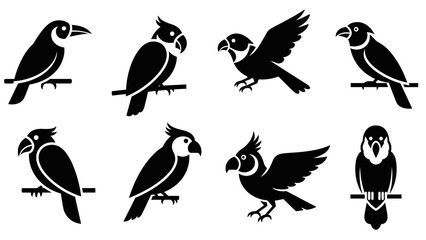 Obraz premium Collection of eight black tropical bird icons featuring parrots and cockatoos in various poses, including perching and flying, designed in a simple, modern graphic silhouette style