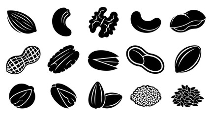 Collection of various nuts and seeds icons in a black and white graphic silhouette style, featuring almond, walnut, cashew, peanut, and pistachio for healthy eating concepts