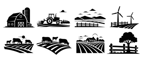 Set of eight black farm icons showing agricultural scenes like a barn with silo, tractor in a field, grazing cows, and windmills in a minimalist silhouette design