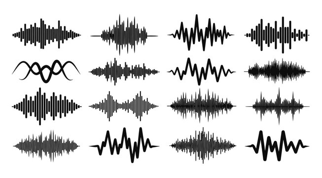 Black sound wave and audio waveform graphics set showing different frequencies, amplitudes, and music beats in a minimalist digital illustration collection