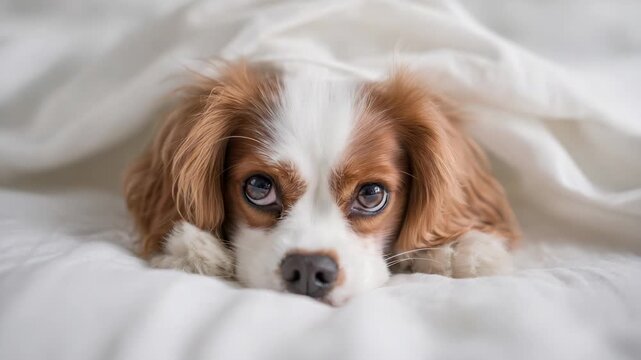 Cute cavalier king charles spaniel puppy looking from under the covers