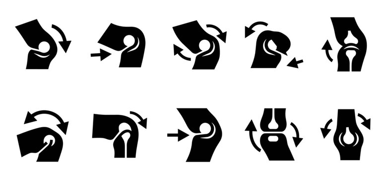 Black knee joint icons set showing various medical conditions, pain, and movement like flexion and extension for orthopedic and rheumatology concepts in a minimalist graphic style