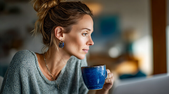 Serene woman enjoys a moment of contemplation with a warm beverage, enhancing the cozy atmosphere. Enjoying a quiet moment to relax.