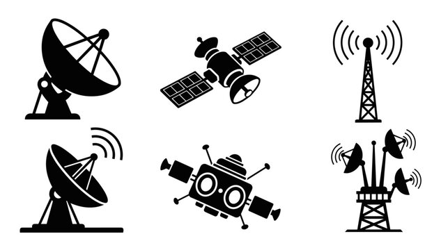 Set of six black communication icons showing satellite dishes, orbital spacecraft, and a radio broadcast tower in a simple silhouette style for technology and telecommunication themes