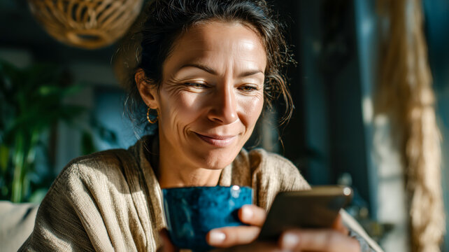 Smiling woman enjoying a relaxing moment. Holding a cup of coffee while looking at her mobile phone during a leisure break.