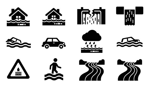 Set of black flood disaster icons showing a submerged house, car, broken dam, and heavy rain, representing a natural catastrophe and emergency situation in a simple glyph style