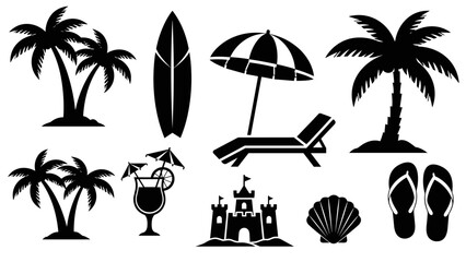 Obraz premium Set of black beach and summer vacation icons with palm trees, a surfboard, a deckchair, a sandcastle, a seashell, a cocktail, and flip-flops in a minimalist graphic style