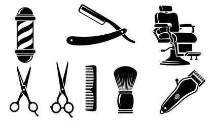Barbershop tool and equipment icon set featuring a pole, straight razor, chair, scissors, comb, shaving brush, and electric hair clipper in a black silhouette design