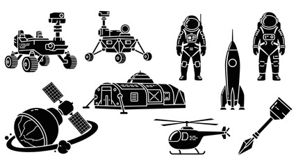 Set of black vector glyph icons for space exploration and colonization, including an astronaut, rover, rocket, satellite, planetary base, and a small helicopter © eclipse