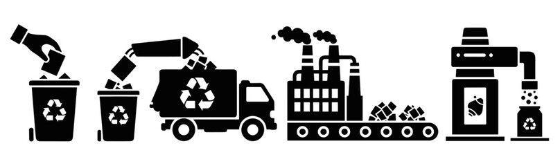 Black recycling process infographic icons showing the complete cycle from waste sorting and collection by truck to factory processing and manufacturing of new recycled goods