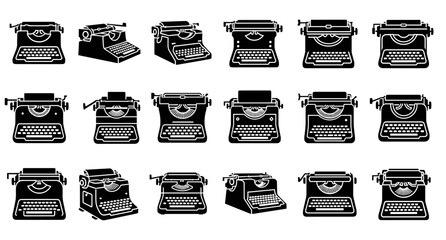 Collection of black vintage typewriter icons in various styles and perspectives, showcasing classic writing machines for graphic design and nostalgic themes in a flat vector illustration set