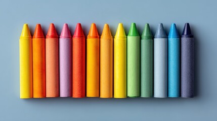 A Vibrant Array of Crayons in a Rainbow of Colors Displayed Neatly on a Soft Blue Background for Creative and Educational Purposes