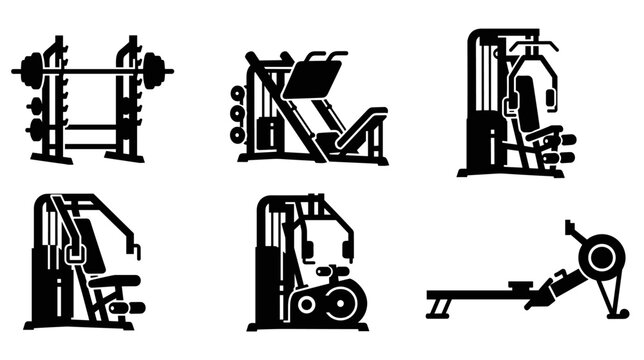 Set of black gym equipment icons featuring various workout machines for strength training, including a squat rack, leg press, chest press, and rowing machine in a flat silhouette style