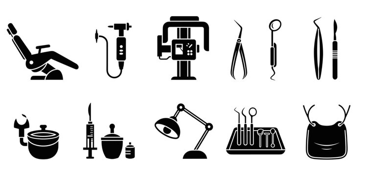 Black glyph icons of dental instruments and equipment for stomatology, including a chair, drill, x-ray machine, lamp, and various professional tools for oral care and treatment