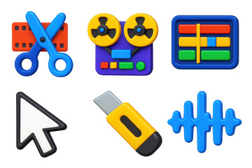 3D Film Editing Icons. 3D icon set of film editing: cutting tape, reel-to-reel machine, digital timeline, mouse cursor, editing