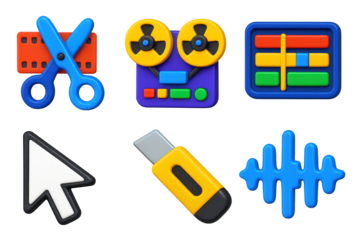 3D Film Editing Icons. 3D icon set of film editing: cutting tape, reel-to-reel machine, digital timeline, mouse cursor, editing